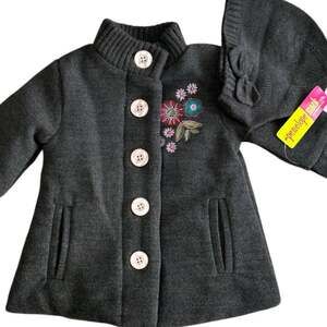 Penelope Mack Baby Girls Gray Floral Embroidered Coat Hat Set 12m NWT